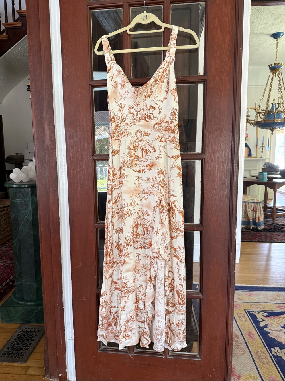 Cream & Brown Toile Inspired High-Low Ruffle Slip Dress